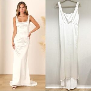 NWOT Lulus Sensational Promise White Satin‎ Square Neck Mermaid Maxi Dress